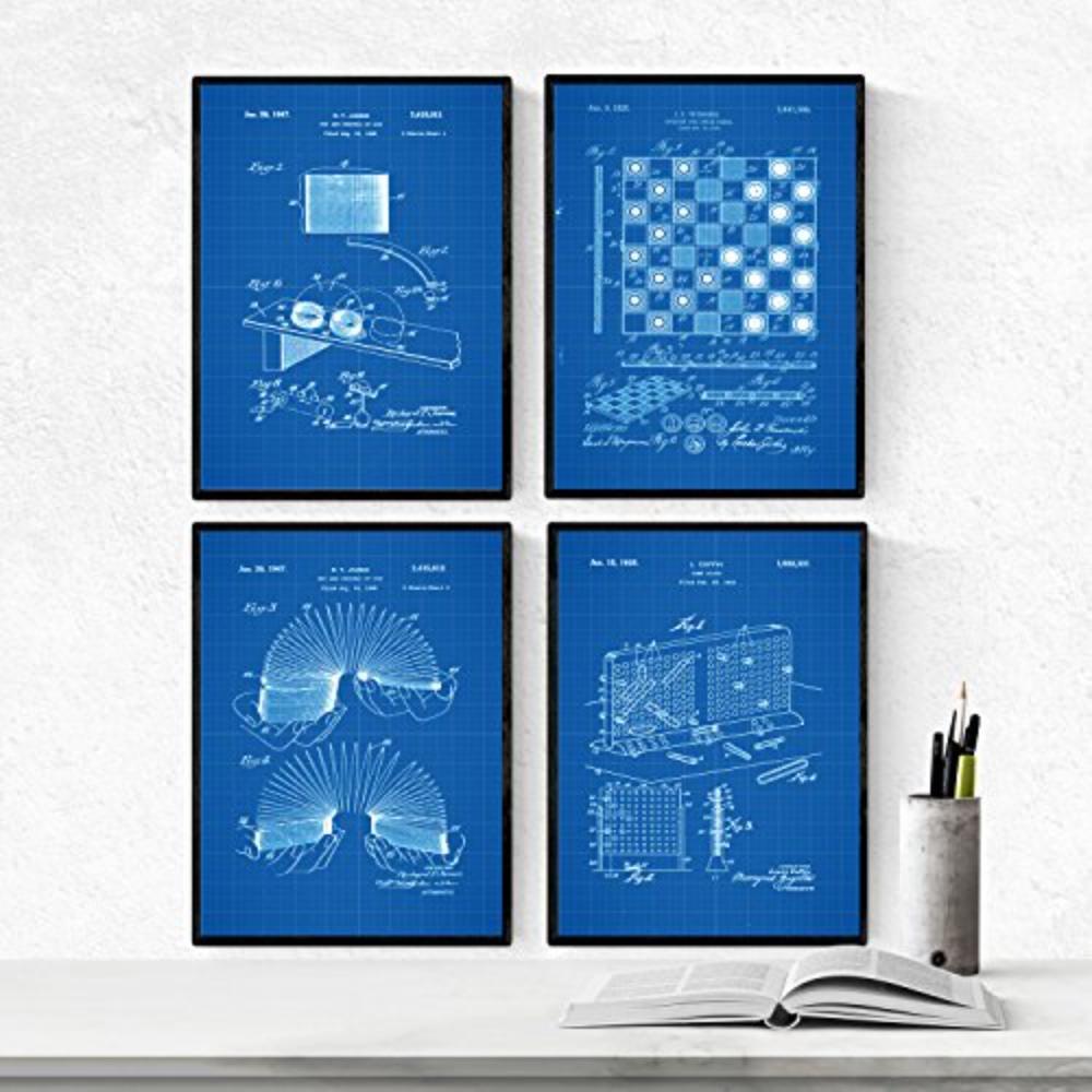 POSTER Set mit 4 Blau Patenten SPIELPLATZ A4 Schwarzer Rahmen - Schwarz, Papier (29.7/3cm) - Nacnic