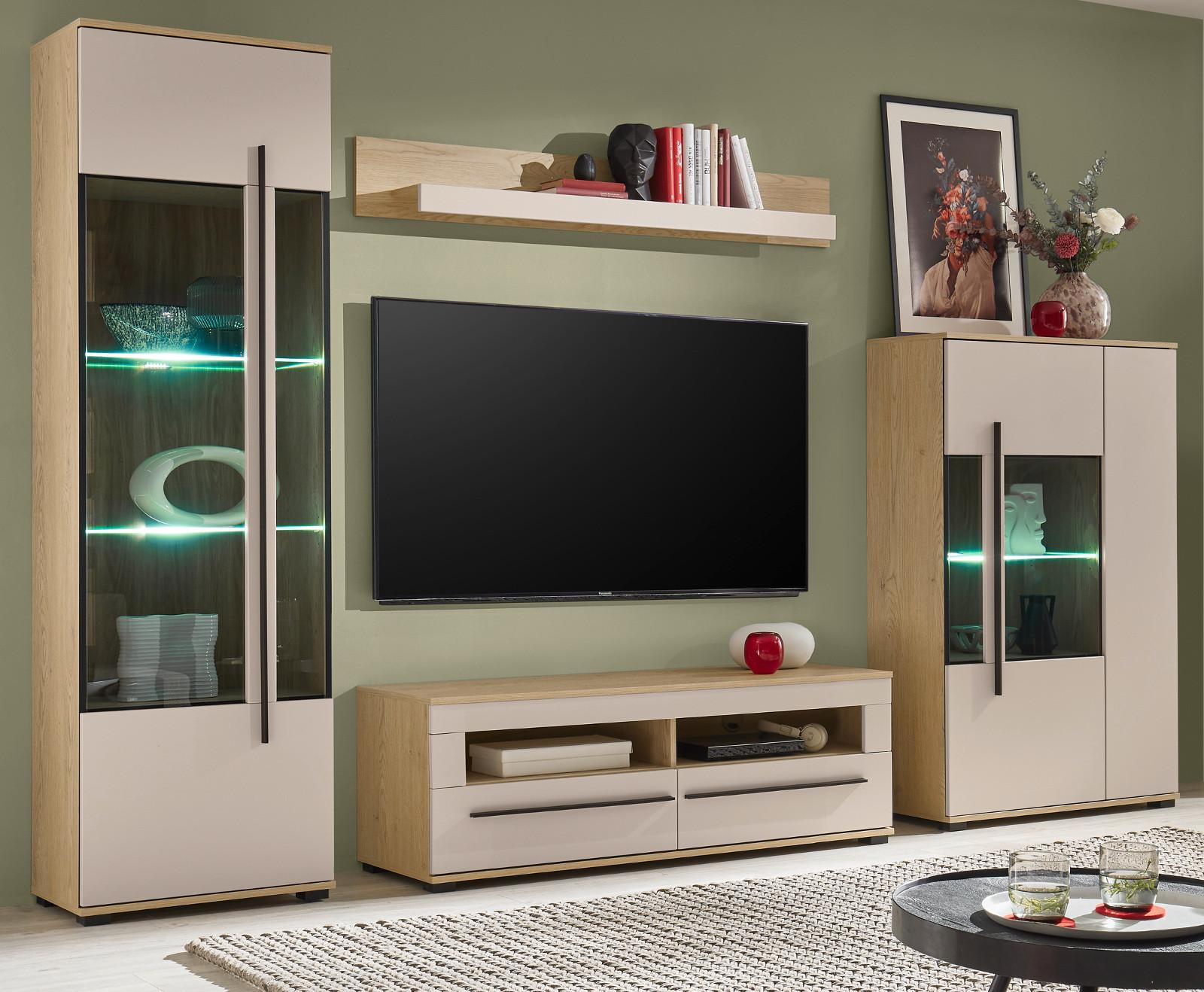 WOHNWAND Kaschmir, Eiche 4-teilig 310 cm, Wohnzimmerschränke mit Soft-Close - Kaschmir/Eichefarben, Glas/Holzwerkstoff (310/200/42cm) - Furn.Design