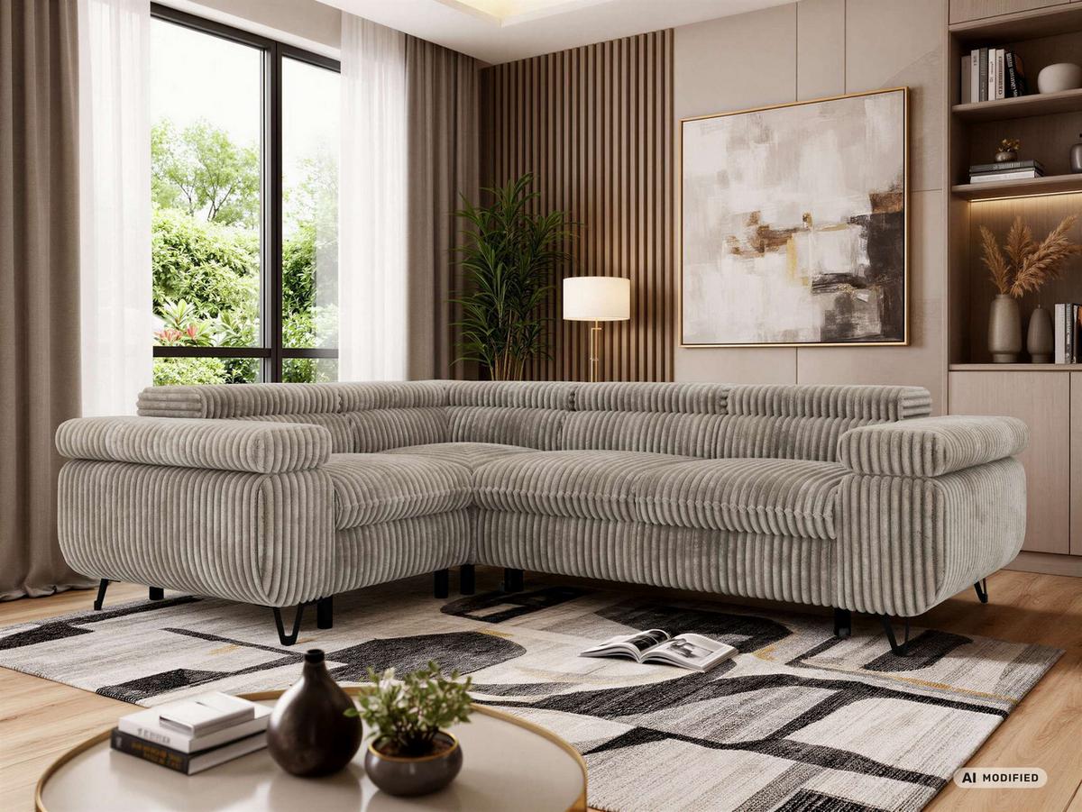 ECKSOFA FALCO L - Hellbraun Cord - Links Seite - Hellbraun/Schwarz, Textil/Metall (197/268cm) - MKS