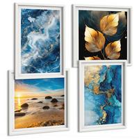 BILDER SET 4er Set - 50x50 cm & 40x60 cm Weißer Rahmen - Bilder mit blau-goldenen Mustern - Weiß, Kunststoff (50/50cm) - TULUP