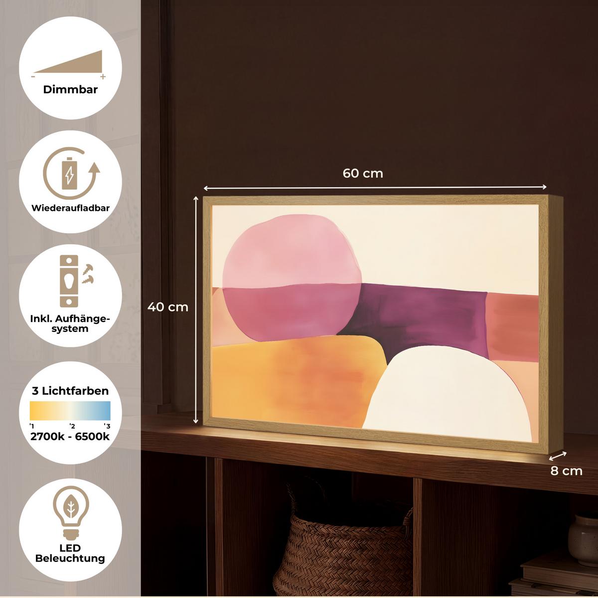 WANDLEUCHTE MIT AKKU Formen - Abstrakt - Farbenfroh 60x40 cm - Rosa, Holzwerkstoff (60/40/8cm) - OnlyWow