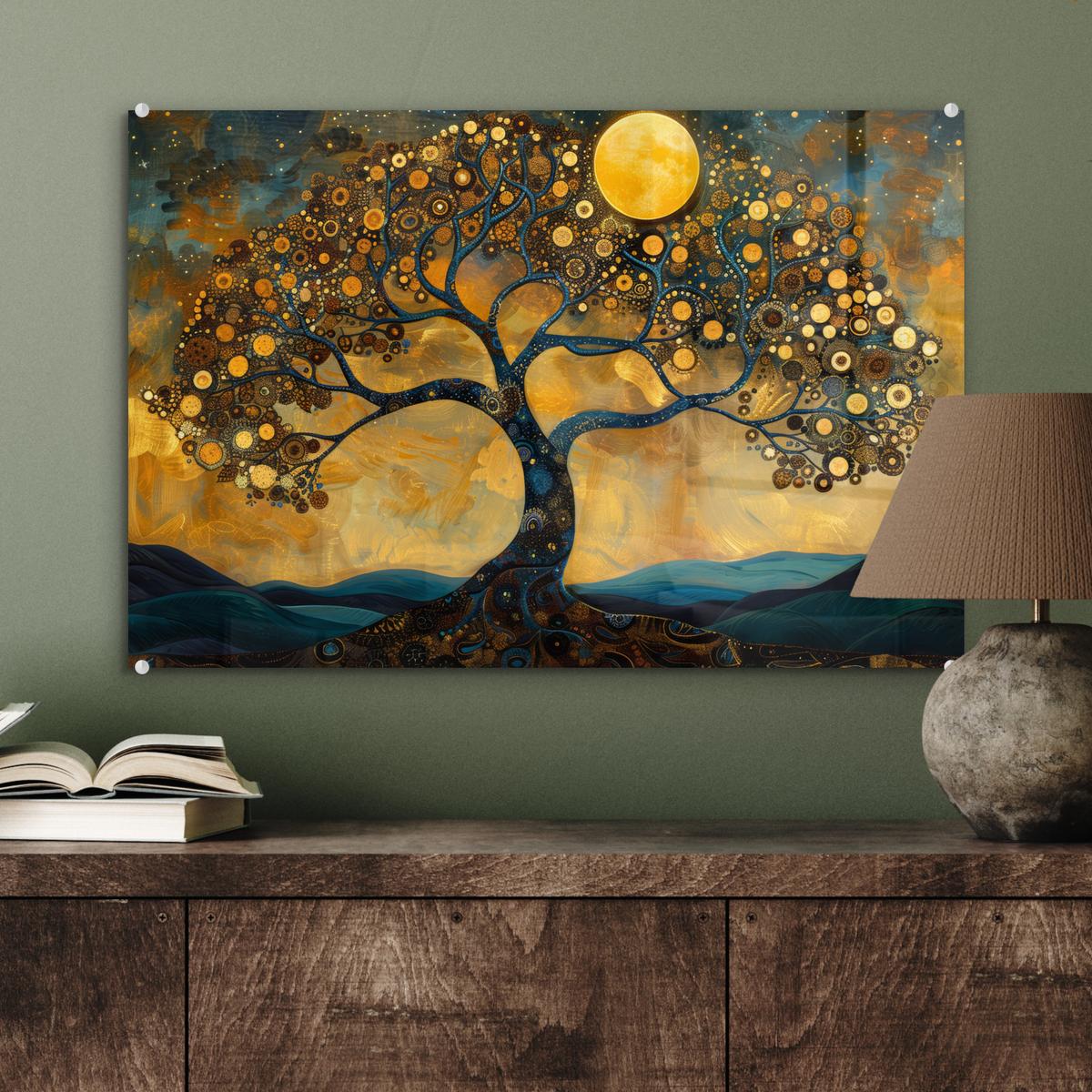 ACRYLGLASBILD Baum - Mond - Blumen - Gold - Kunst Wanddeko 60x40 cm - Orange, Glas (60/40cm) - MuchoWow
