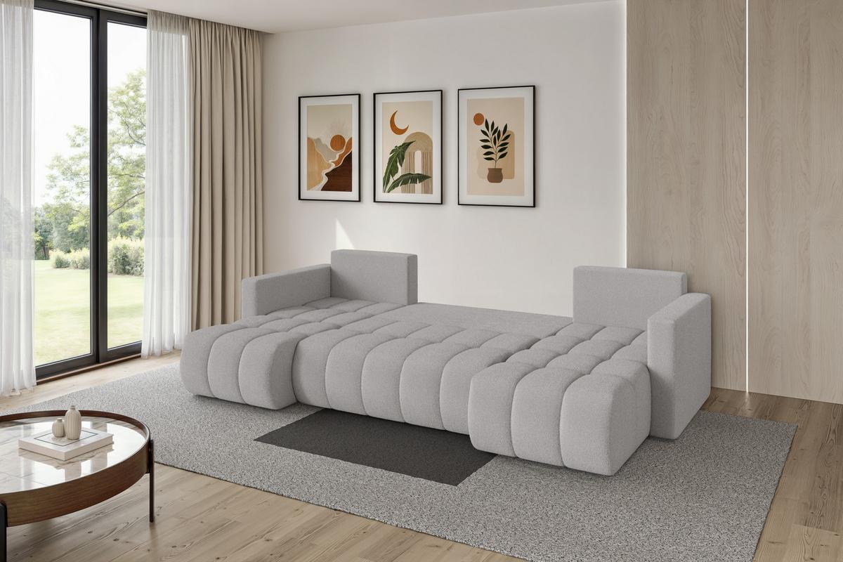 WOHNLANDSCHAFT mit Schlaffunktion und Bettkasten GARD-U 300x146x85 Hellgrau Bouclé - Silberfarben/Hellgrau, Holzwerkstoff/Kunststoff (300/85/146cm) - ALTDECOR