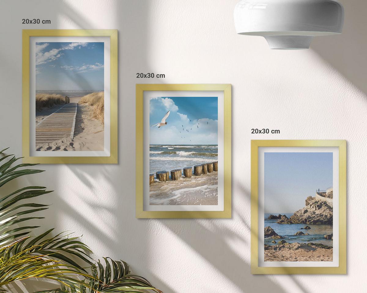 BILDER SET 3er Set - 20x30 cm Goldrahmen - Strand Holzsteg Klippen - Goldfarben, Kunststoff (20/30cm) - TULUP