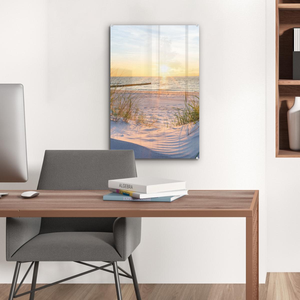 ACRYLGLASBILD Strand - Sonne - Düne - Gras - Sand - Horizont Wanddeko Wohnzimmer 40x60 cm - Hellblau, Glas (40/60cm) - MuchoWow