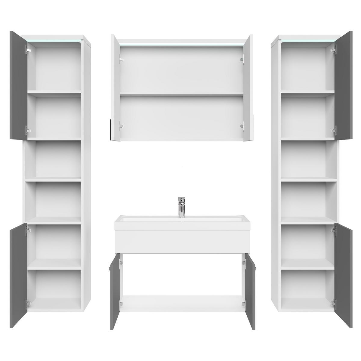 BADMÖBEL-SET Paso LED 5 Teile Weiß mit Hochglanz Grau - 80 x 35 x 55 cm - Weiß/Grau, Holz (80/55/40cm) - Badplaats