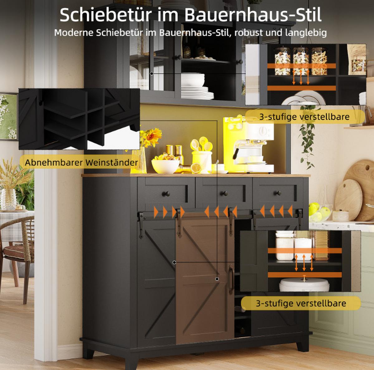 BUFFETSCHRANK Schwarz 105x180cm mit LED-Beleuchtung, Glastüren & Weinregal - Schwarz, Holzwerkstoff (105/180/38.4cm) - Urban Meuble