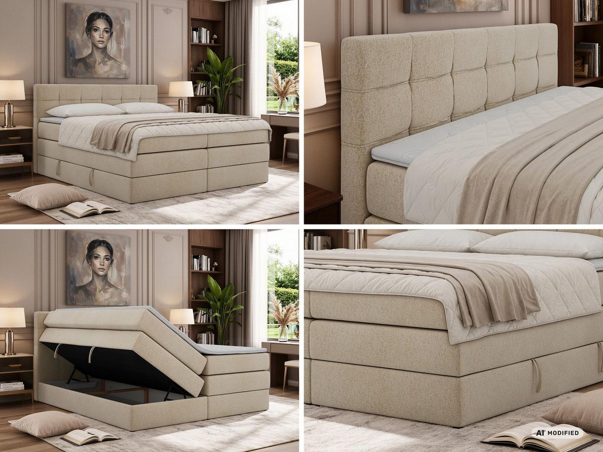 BOXSPRINGBETT SOLVEN KING 140/200 - Beige Stukture - Topper Visco - H4 - Beige/Schwarz, Kunststoff/Textil (140/200cm) - MKS