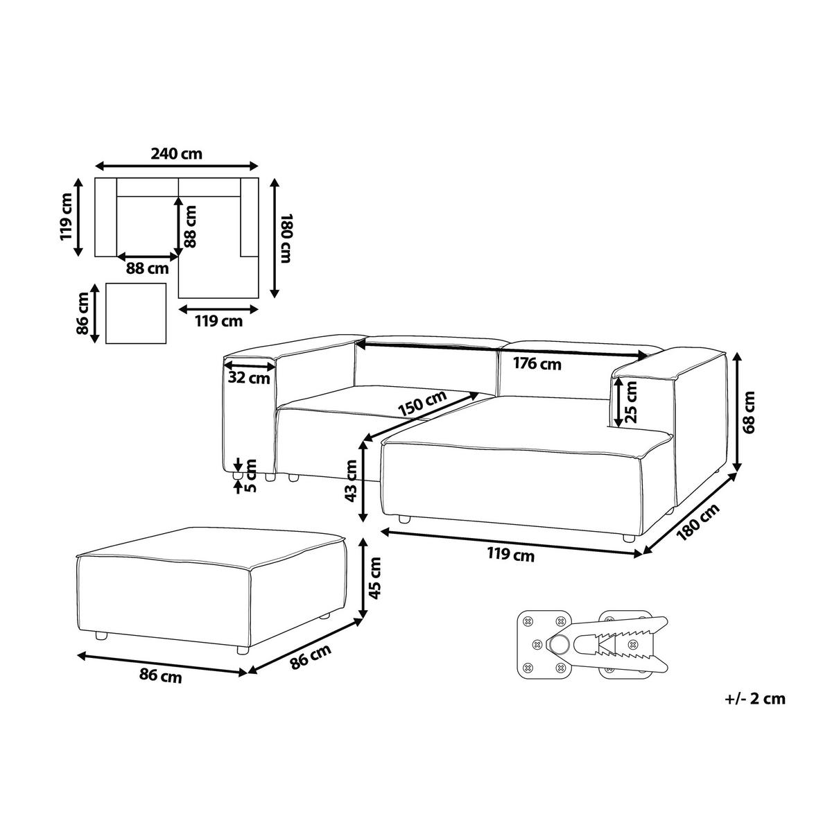 ECKSOFA Modul 3-Sitzer linksseitig Hellbraun Cord mit Ottomane Ardal - Hellbraun, Textil (240/180cm) - Beliani
