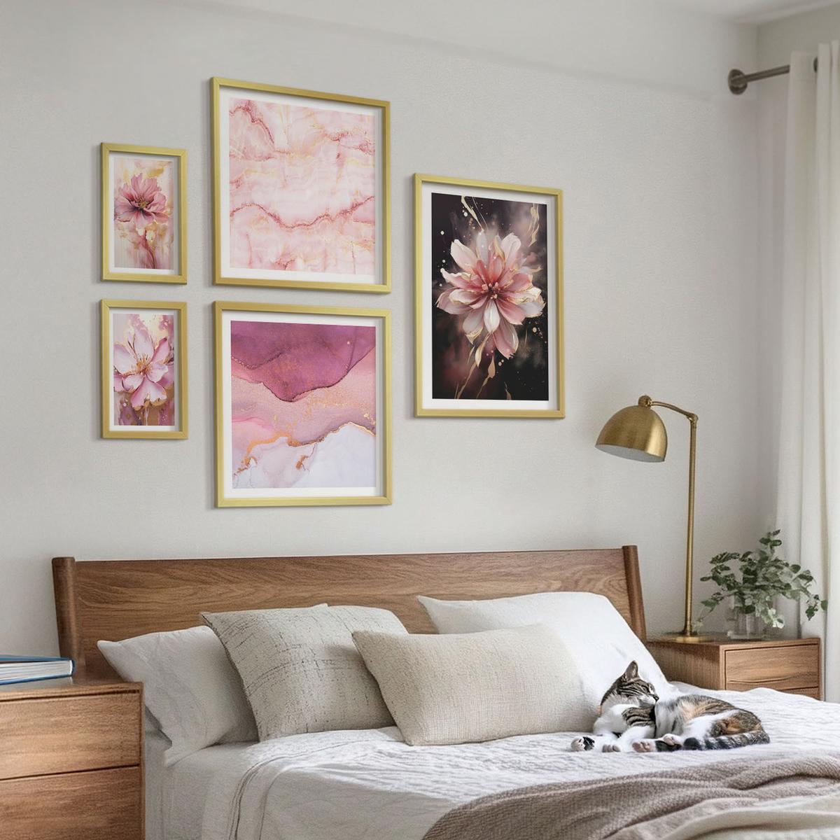 BILDER SET 5er Set - 50x50 cm & 20x30 cm & 40x60 cm Goldrahmen - Waldlandschaften der Wildnis - Goldfarben, Kunststoff (40/60cm) - TULUP