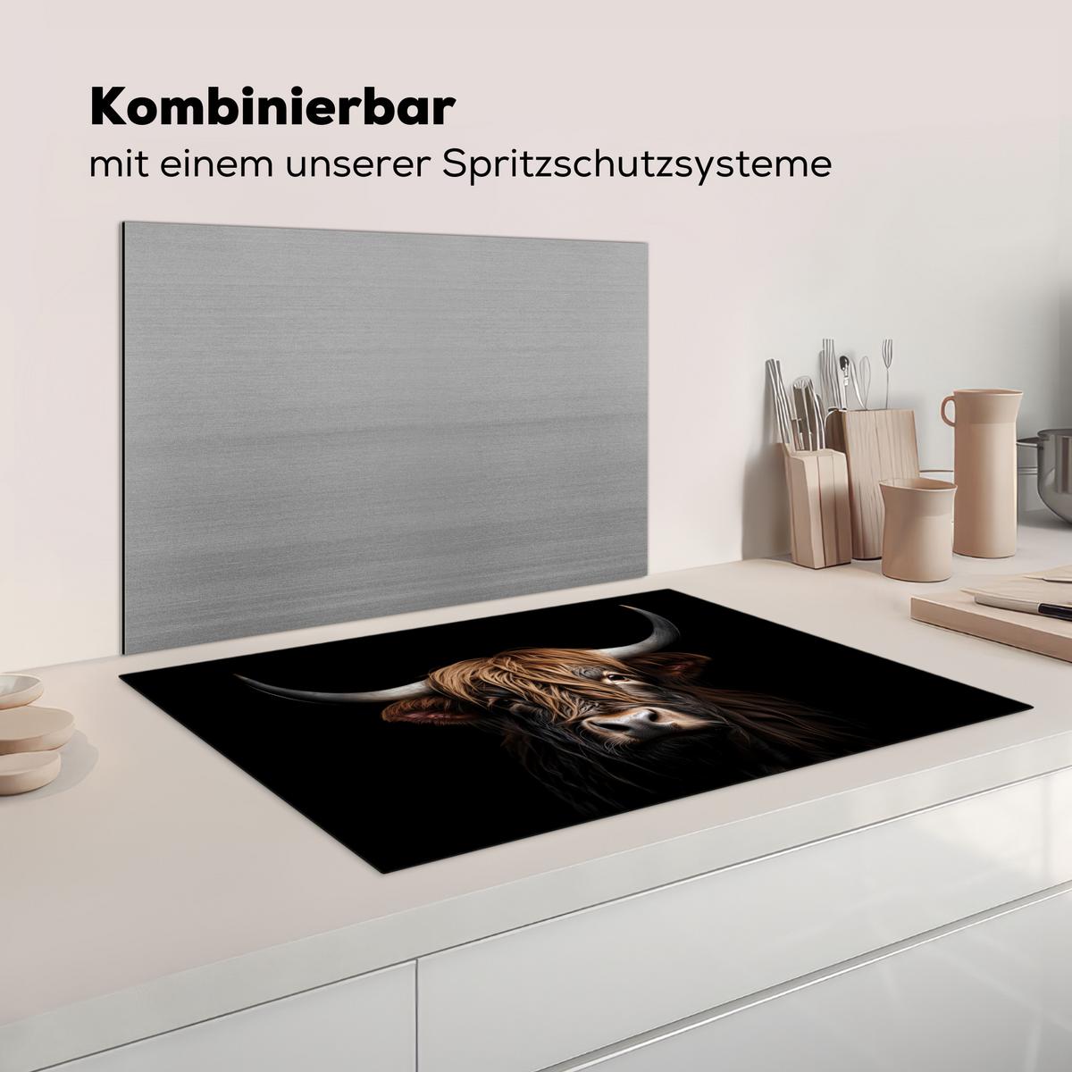 HERDABDECKPLATTE Schottischer Highlander - Porträt - Schwarz - Tier Abdeckung Ceranfeld 81.2x52 cm - Braun, Kunststoff (81.2/52/0.2cm) - MuchoWow