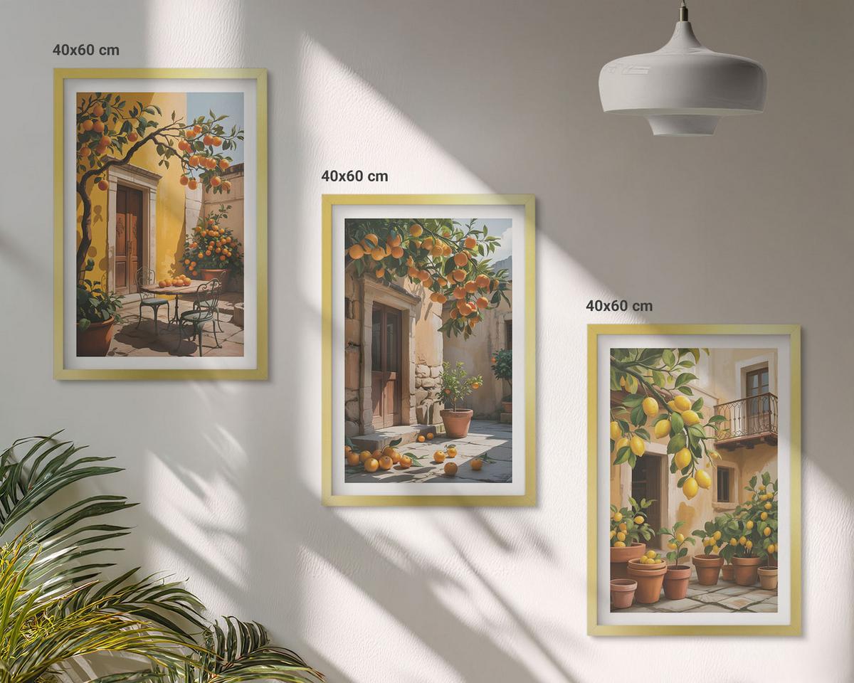 BILDER SET 3er Set - 40x60 cm Goldrahmen - Zitrusfrüchte, Hofpflanzen - Goldfarben, Kunststoff (40/60cm) - TULUP