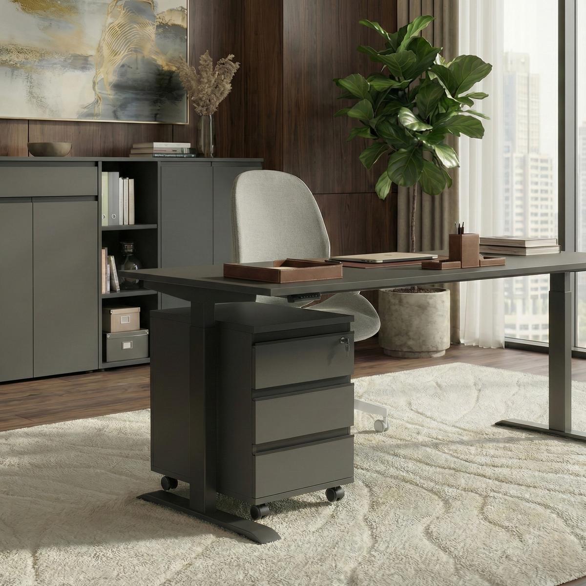 BÜROMÖBEL Set 2-teilig | Schreibtisch 140x80cm & Rollcontainer Graphit | Einstellbar 68-91 cm & Soft-Close - Schwarz, Holzwerkstoff/Metall (80/195/91cm) - KADIMA DESIGN