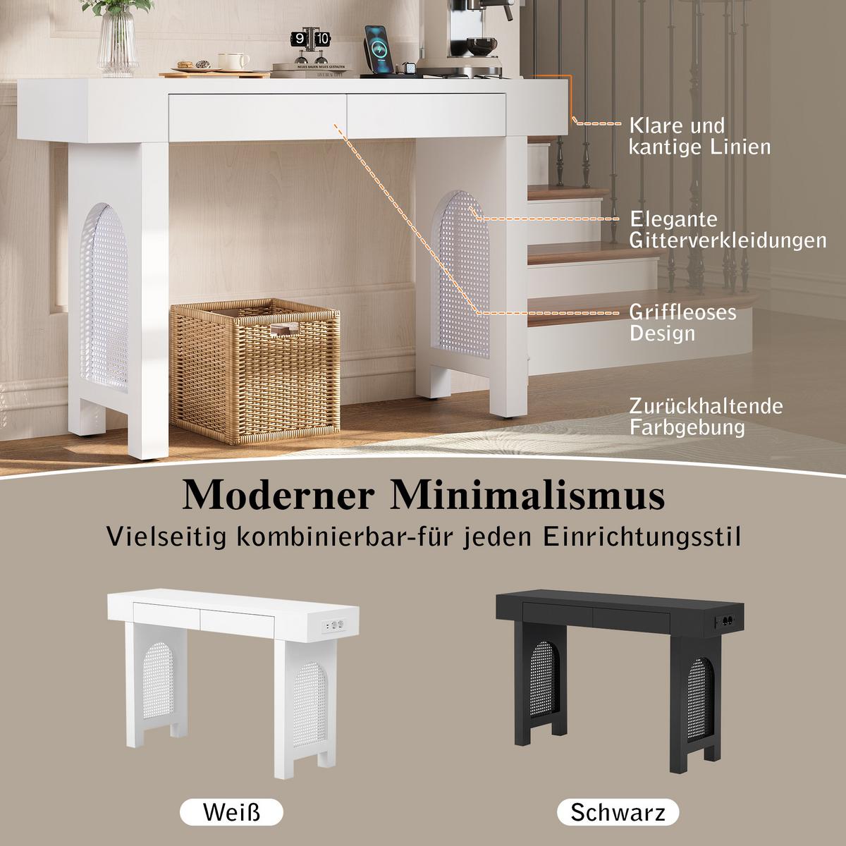 KONSOLENTISCH mit gitterdesign, 2 schubladen & integrierter steckdose - Weiß, Holzwerkstoff (35.5/120/76.5cm) - Urban Meuble