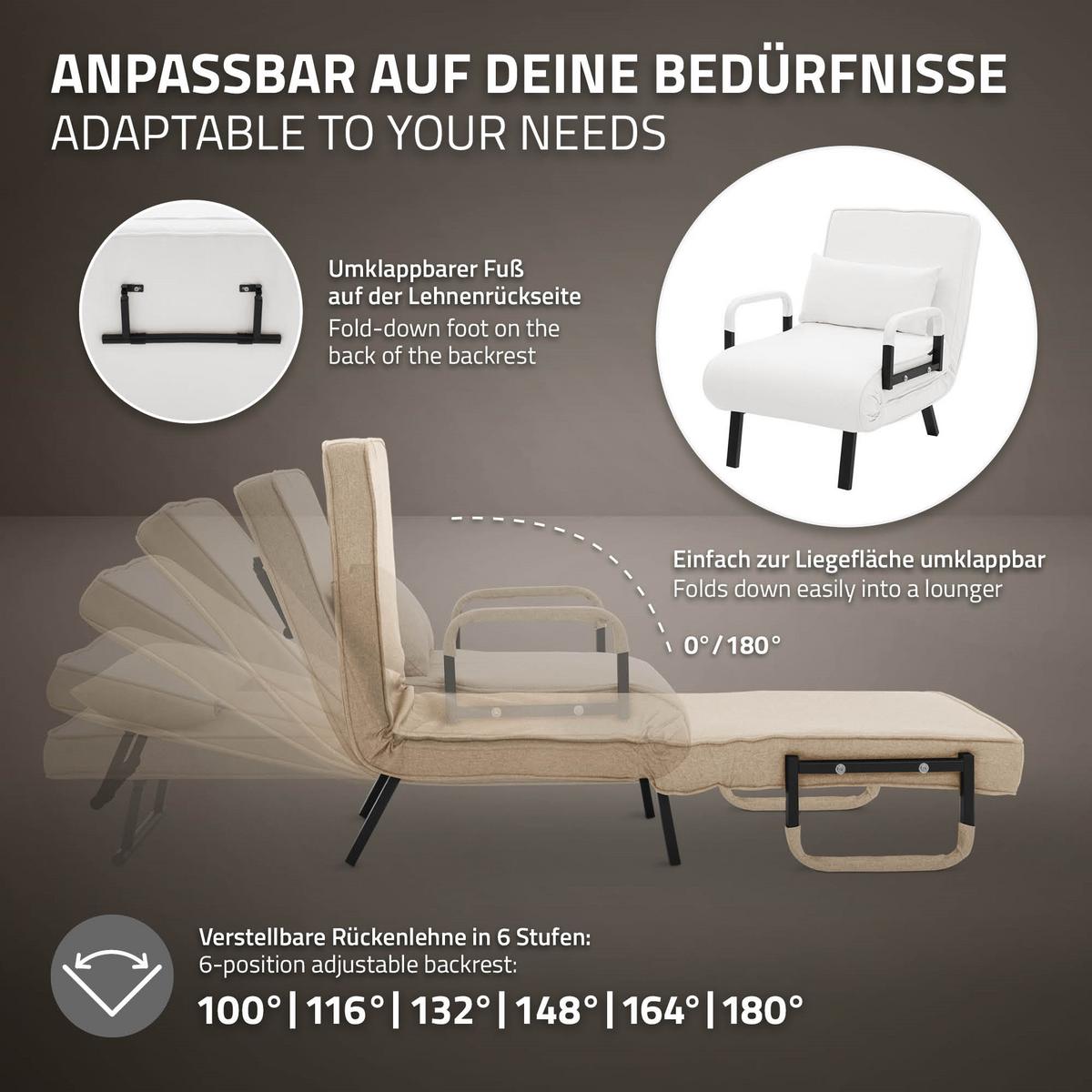 SCHLAFSESSEL mit Bettfunktion Weiß 186x60 cm Bettsessel klappbar mit Stahlrahmen & Chenille - Schwarz/Weiß, Textil/Metall (65/82/87cm) - ML-DESIGN