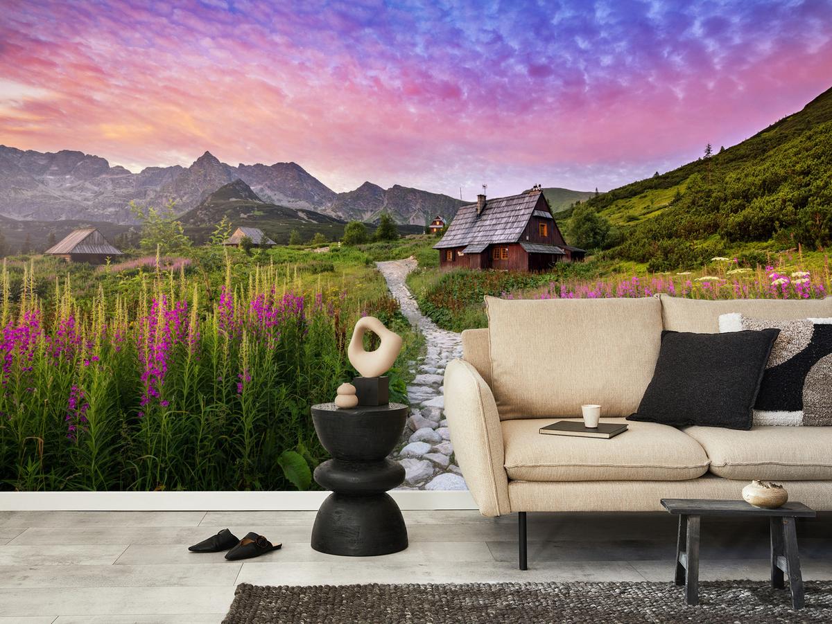 FOTOTAPETE für Schlafzimmer Berglandschaft Holzchalet Natur 500x350 - Beige/Violett, Papier (500/350cm) - Muralo