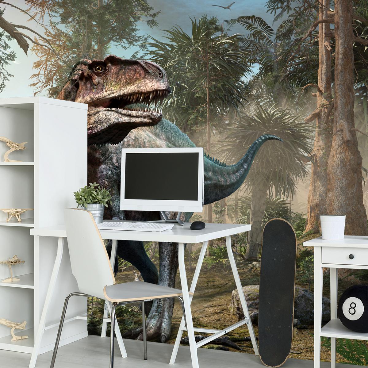 FOTOTAPETE für Jugendzimmer Realistischer Dinosaurier Dschungel Palmen 500x350 - Beige/Schwarz, Papier (500/350cm) - Muralo