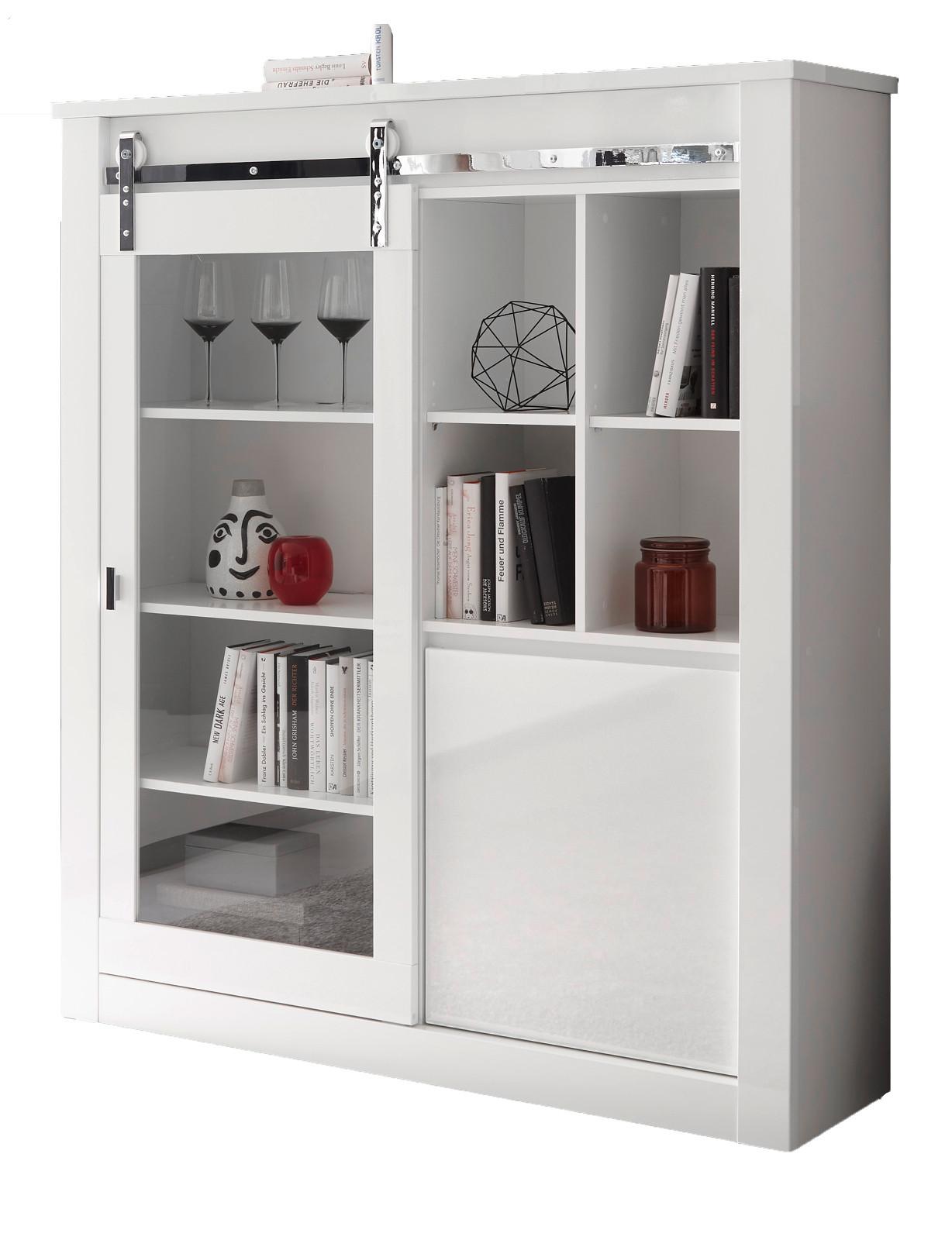 VITRINE weiß Hochglanz 133 x 153 cm, Vitrinenschrank inklusive LED-Beleuchtung, Soft-Close - Chromfarben/Weiß Hochglanz, Glas/Holzwerkstoff (133/153/38cm) - Furn.Design