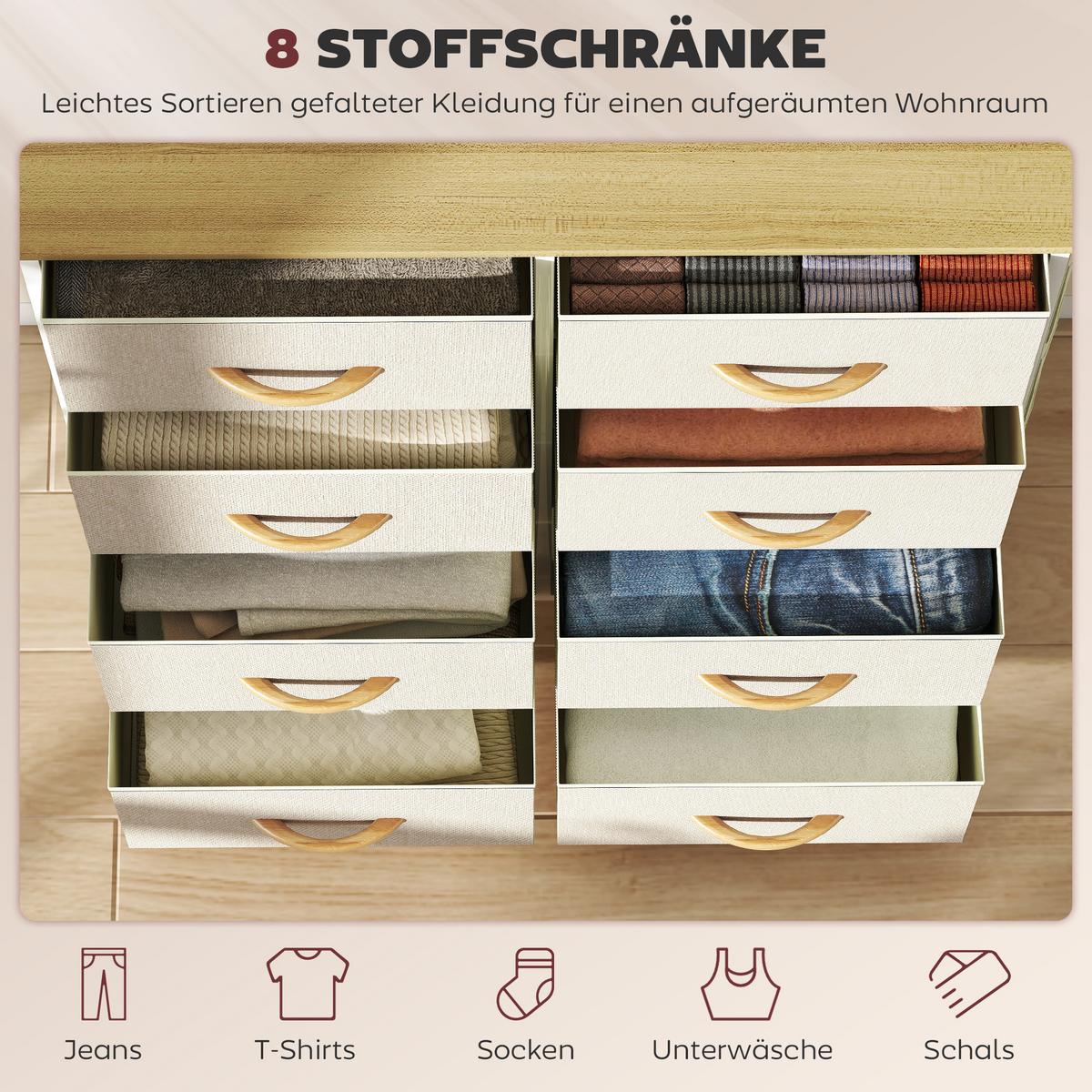 KOMMODE Schrank mit 8 Schubladen aus Stoff, Haken, Seitentasche, Stahlrahmen - Beige/Naturfarben, Holz/Textil (30/94.5/86cm) - HOMCOM