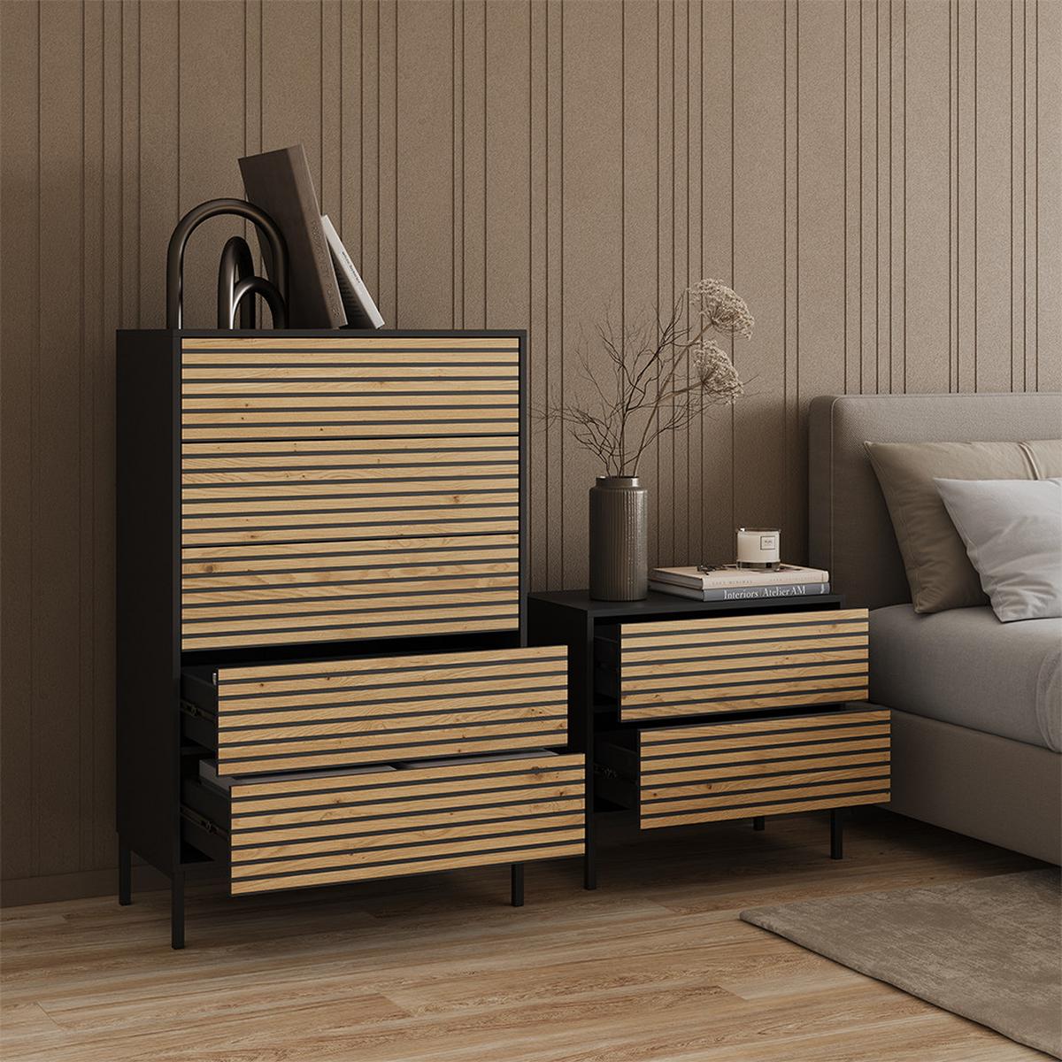 NACHTTISCH Aterno Goldkraft Eiche/Anthrazit 2er set - Honigeiche/Anthrazit, Holzwerkstoff (66/60/36cm) - Livinity®