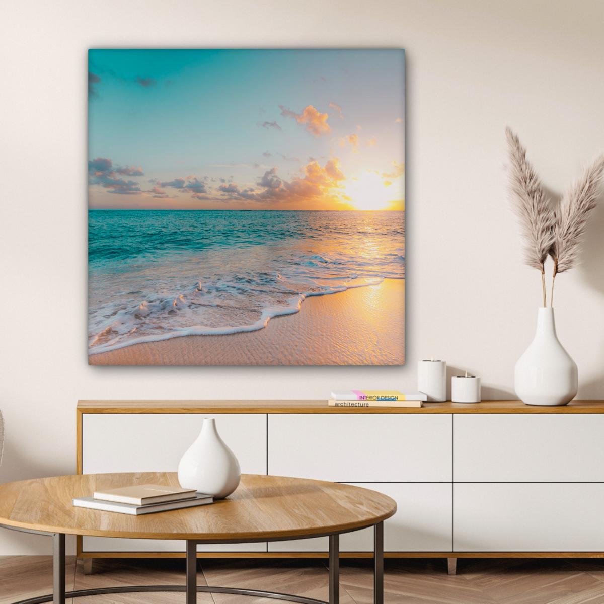 LEINWANDBILD Sonnenuntergang - Strand - Meer - Sommer - Blau Deko Groß 90x90 cm - Multicolor, Textil (90/90cm) - MuchoWow