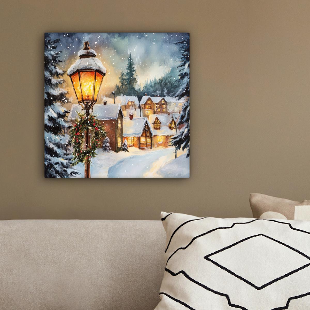 LEINWANDBILD Weihnachtsdorf - Häuser - Schnee - Weihnachten Deko Wohnzimmer 20x20 cm - Sandfarben, Textil (20/20cm) - MuchoWow