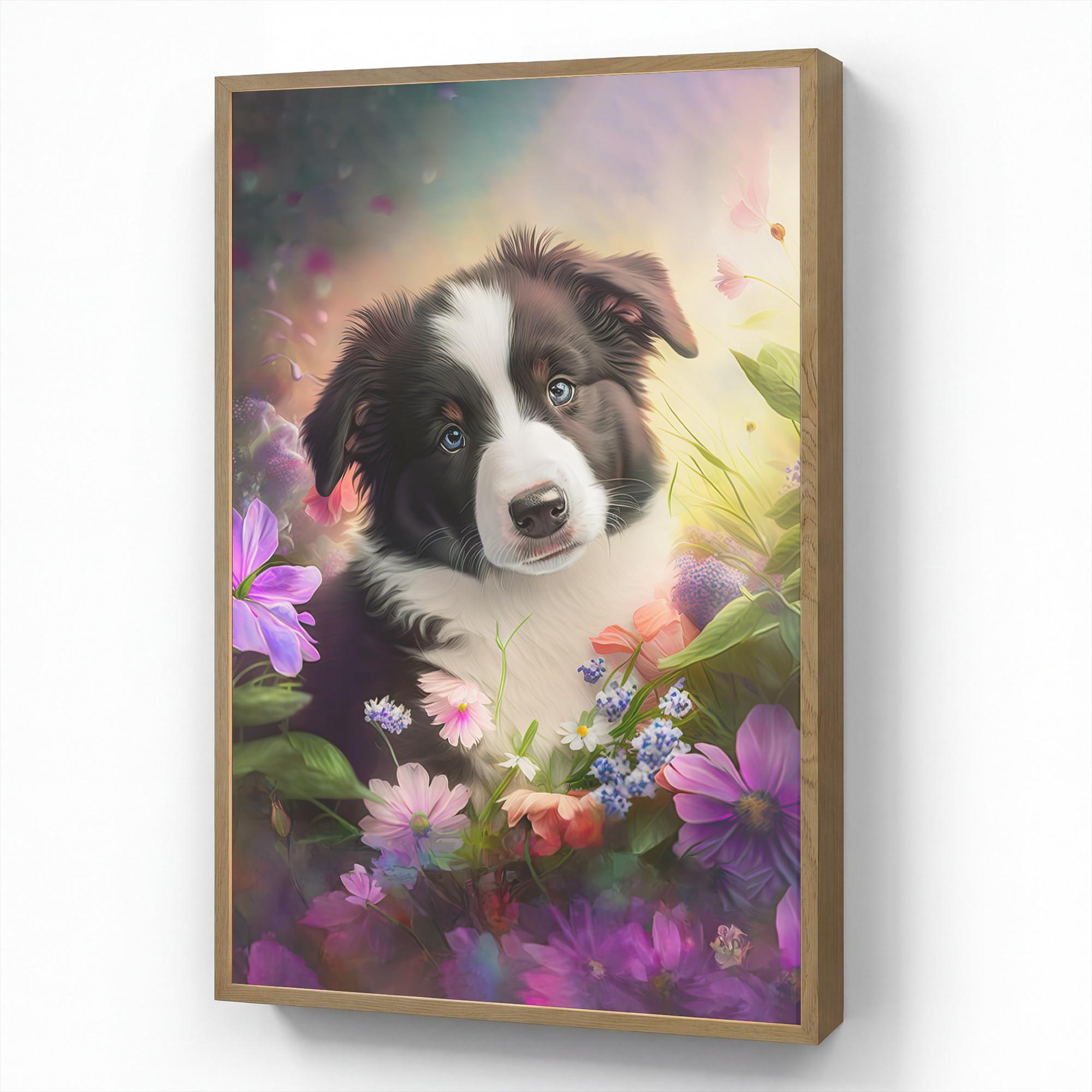 WANDLEUCHTE MIT AKKU Welpe - Sonne - Blumen - Natur - Border Collie - Hund 70x100 cm - Violett, Holzwerkstoff (70/100/8cm) - OnlyWow