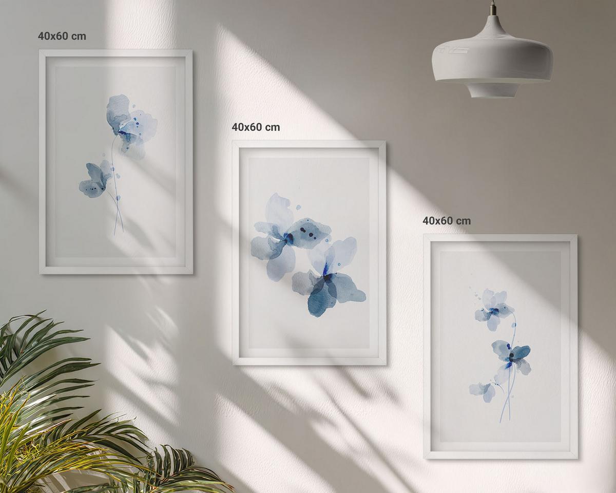 BILDER SET 3er Set - 40x60 cm Weißer Rahmen - Blaue Blumen - Weiß, Kunststoff (40/60cm) - TULUP