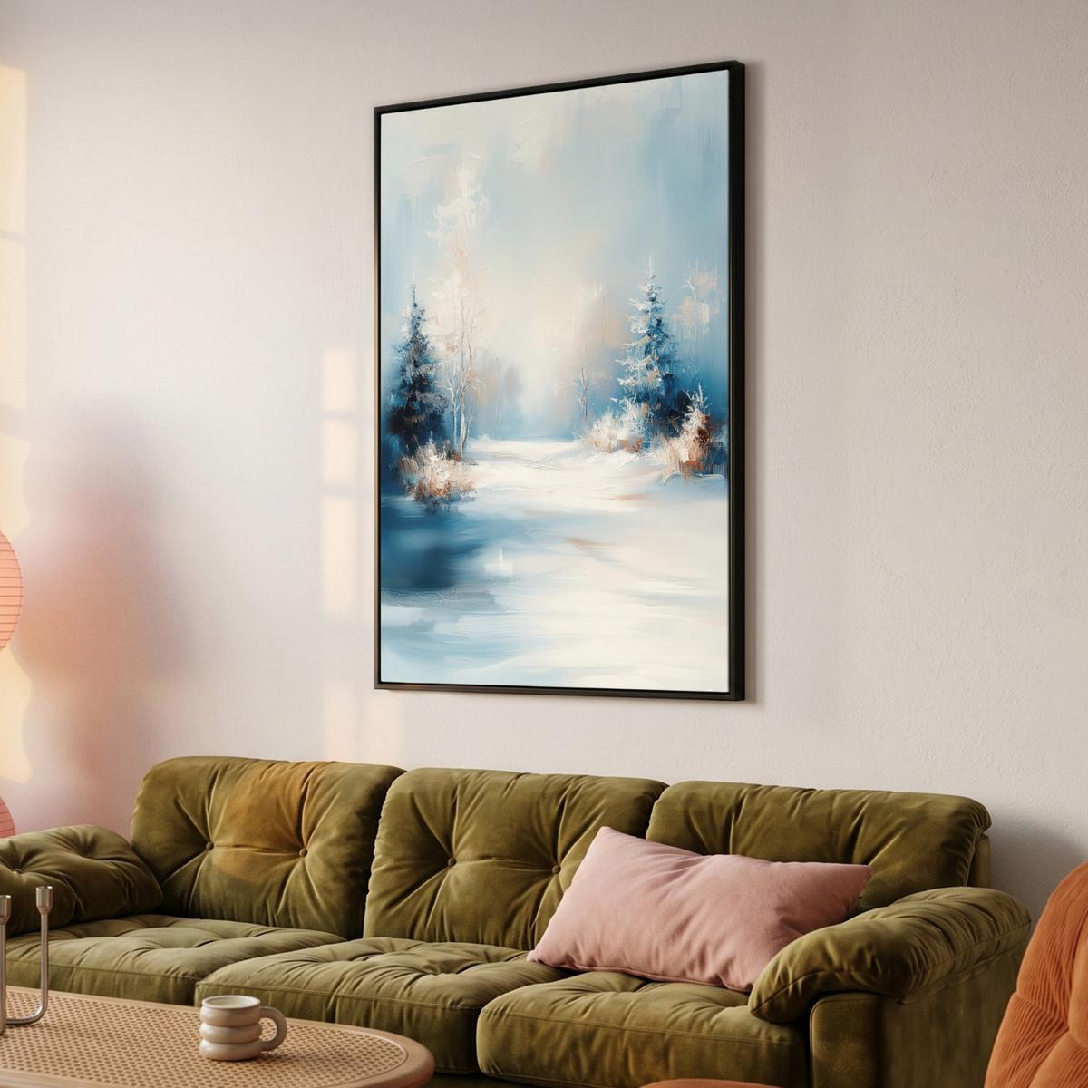 LEINWAND Bilder mit Rahmen - Wald – Winter – Natur – Abstrakt – Schnee - 100x150 - Weiß, Textil (100/150cm) - MuchoWow