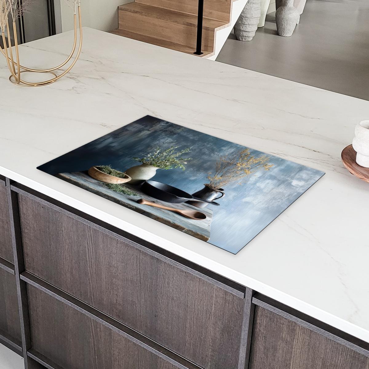 HERDABDECKPLATTE Stilleben - Kräuter - Rustikal Induktionsmatte 81x52 cm - Blaugrau, Kunststoff (81/52/0.2cm) - MuchoWow