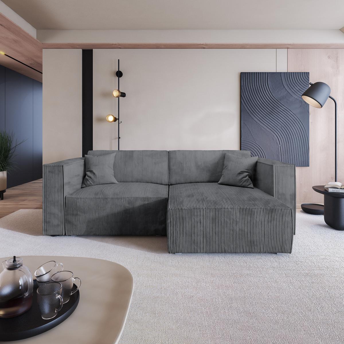 ECKSOFA NERIO P Grau Kordstoff mit Schlaffunktion - Grau, Holz/Kunststoff (245/148cm) - MASSENO
