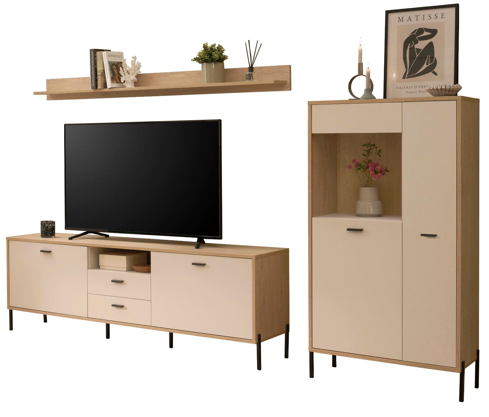 WOHNWAND Kaschmir, Eiche 285 cm 3-teilig, Wohnkombination mit Soft-Close - Kaschmir/Eichefarben, Glas/Holzwerkstoff (285/170/40cm) - Furn.Design