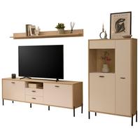 WOHNWAND Kaschmir, Eiche 285 cm 3-teilig, Wohnkombination mit Soft-Close - Kaschmir/Eichefarben, Glas/Holzwerkstoff (285/170/40cm) - Furn.Design