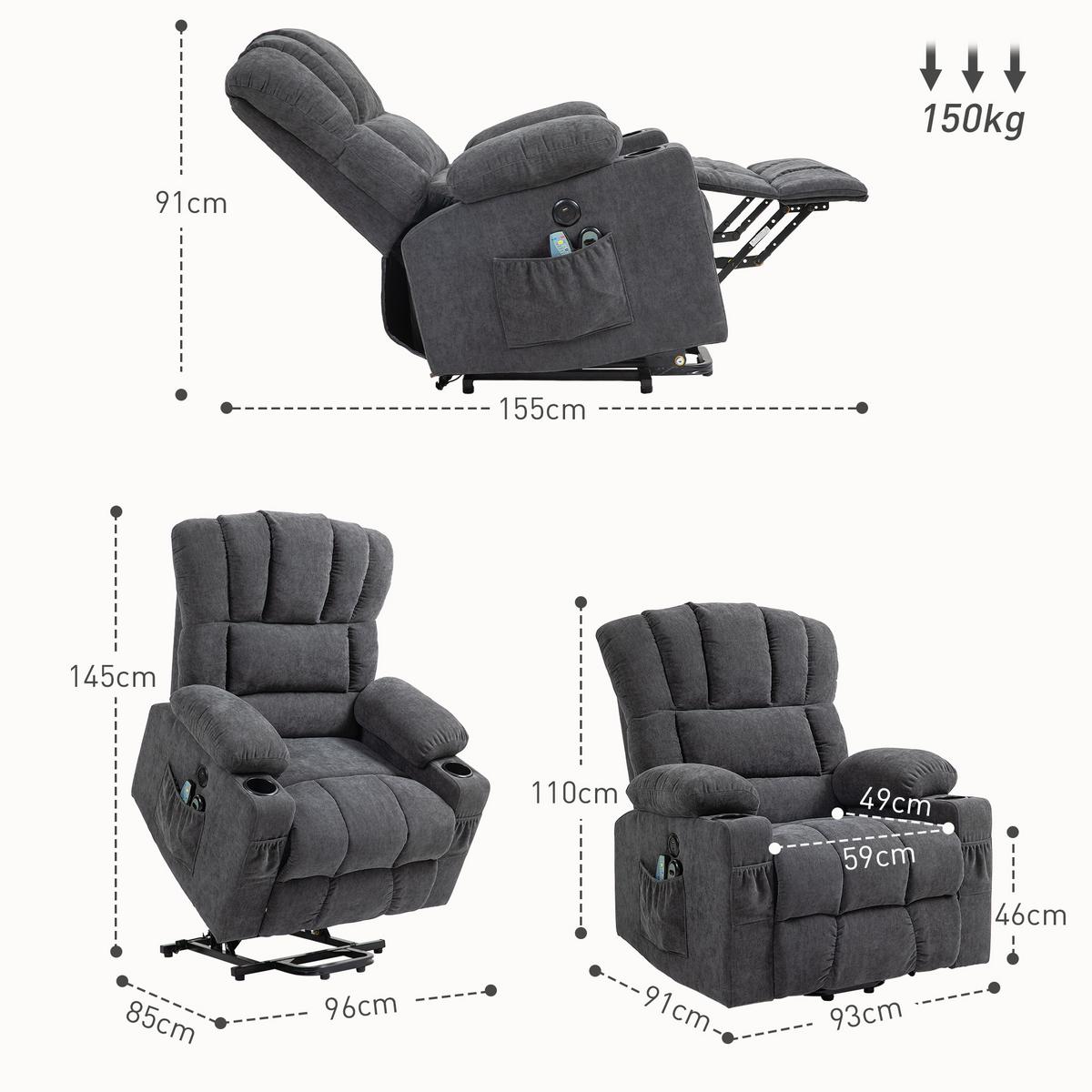 FERNSEHSESSEL mit Aufstehhilfe Relaxsessel mit Liege-, Heiz- und Massagefunktion - Dunkelgrau/Schwarz, Textil/Metall (91/110/93cm) - HOMCOM