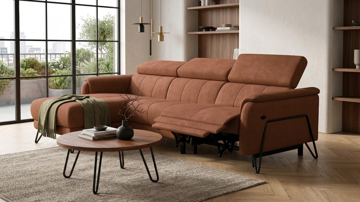 ECKSOFA RODEN 4-Sitzer mit Relax, braun, Veloursstoff - Braun, Holz/Textil (268/92cm) - Wozimo