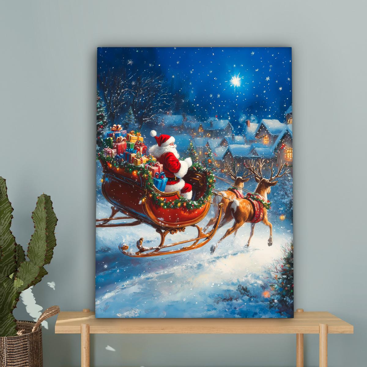 LEINWANDBILD Weihnachtsmann - Rentier - Weihnachten - Schnee Wandbild Wohnzimmer 60x80 cm - Cognac, Textil (60/80cm) - MuchoWow
