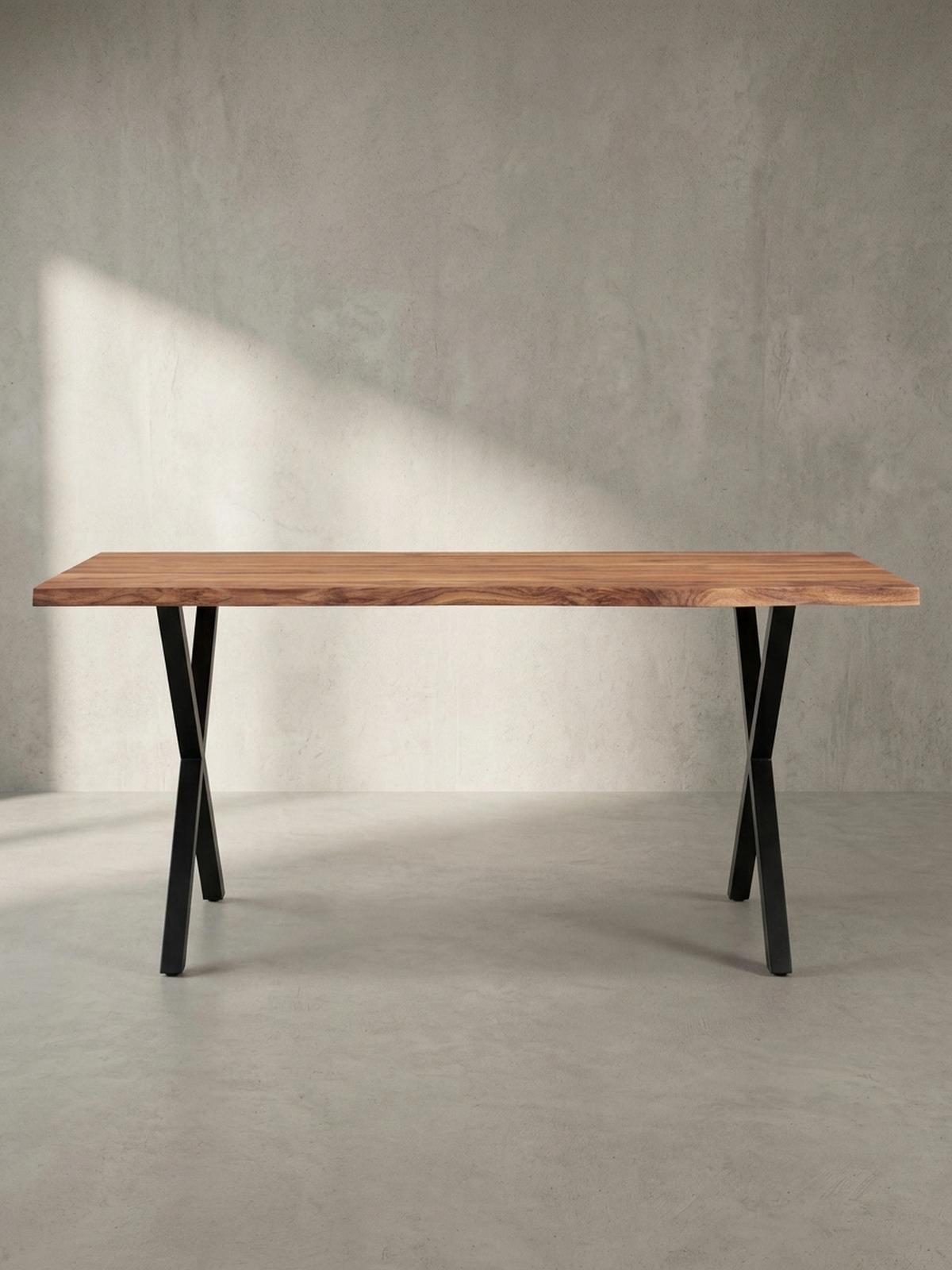 SCHREIBTISCH Massivholz X-Gestell Baumkante Handgefertigt KRETA, Goldbraun-Schwarz 200x100x76 cm - Schwarz/Braun, Holz/Metall (100/200/76cm) - KADIMA DESIGN