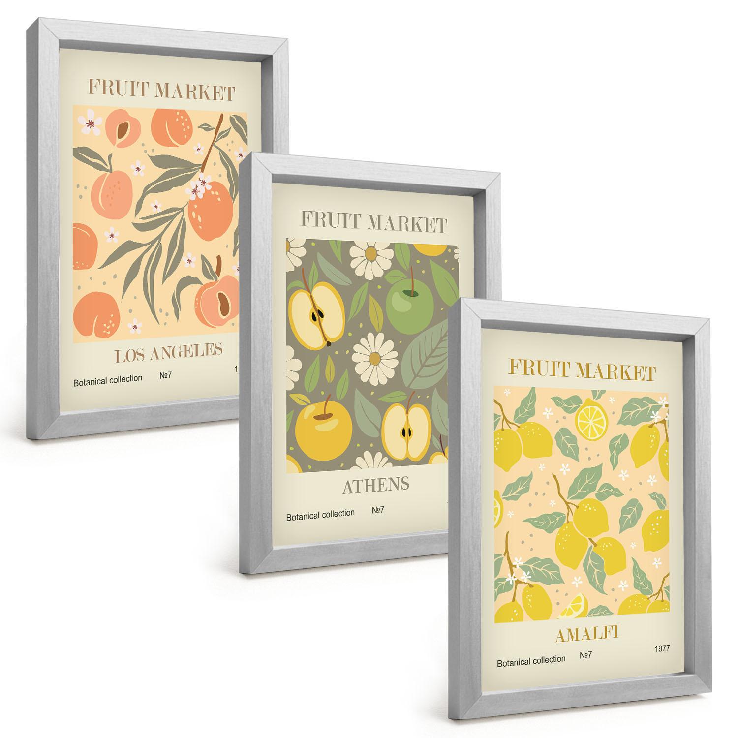 BILDER SET 3er Set - 20x30 cm Silberner Rahmen - Retro-Poster mit Fruchtmustern - Silberfarben, Kunststoff (20/30cm) - TULUP