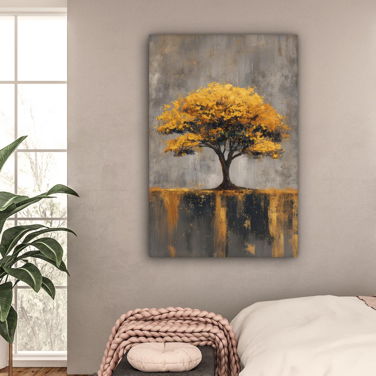 LEINWANDBILD Baum - Blätter - Gold - Abstrakt Deko XXL 80x120 cm - Grau, Textil (80/120cm) - MuchoWow