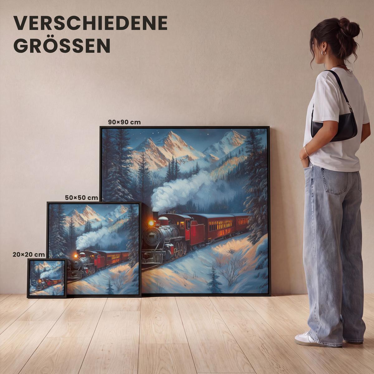 LEINWAND Bilder mit Rahmen - Zug - Weihnachten - Schnee - Weihnachtszug - 20x20 - Anthrazit, Textil (20/20cm) - MuchoWow