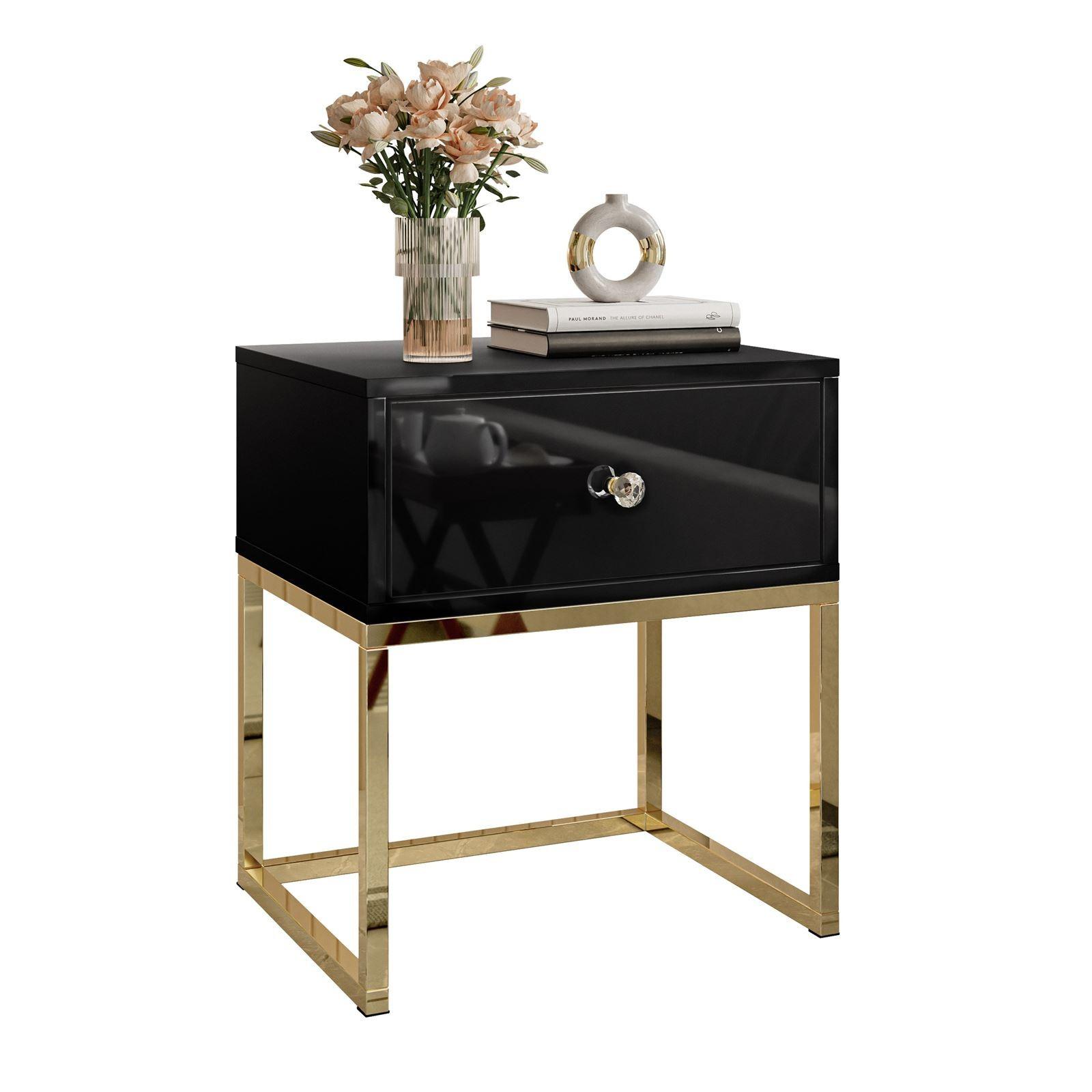 NACHTTISCH BLANCO GOLD Schwarz auf goldenem verchromtem Gestell Kristallgriff - Schwarz Hochglanz/Goldfarben, Holzwerkstoff (45/52/36.6cm) - Lookway