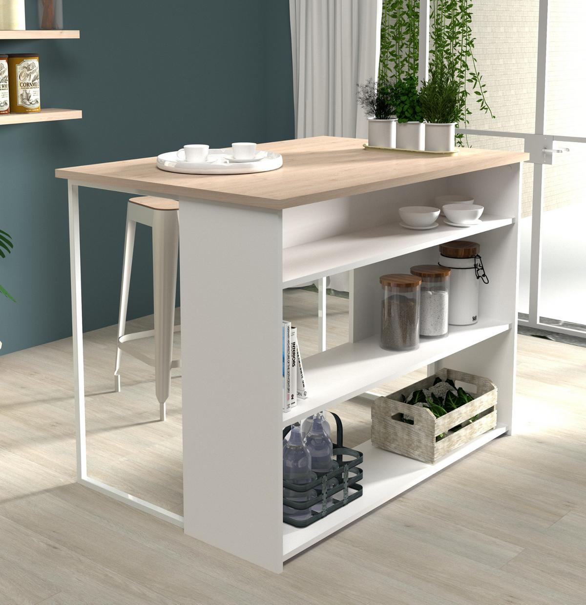 BUFFET weiß, Eiche, Set 2-tlg. Buffetschrank und Kücheninsel - Eichefarben/Weiß, Holzwerkstoff/Metall (116/184/80cm) - Parisot Meuble