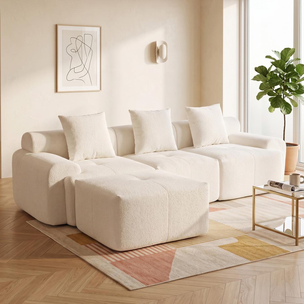 ECKSOFA Modulares Sofa Beige L-Form mit Hocker & Memory-Schaum - Beige, Textil (97/100cm) - Urban Meuble