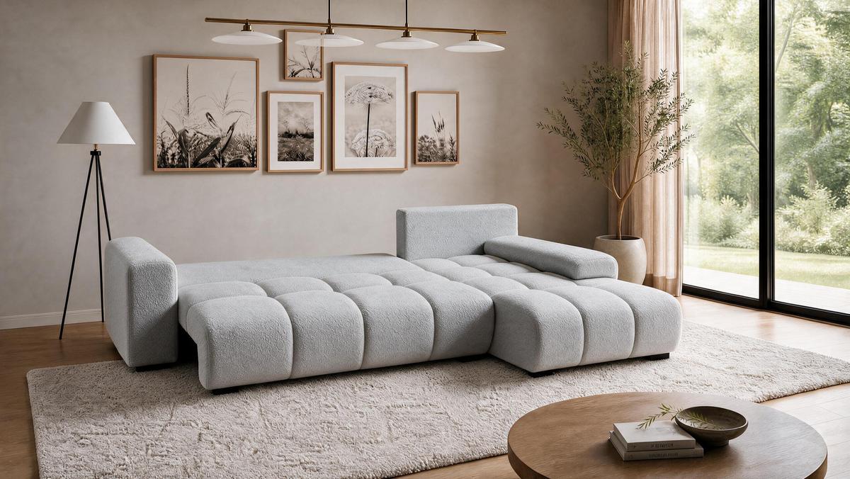 ECKSOFA Ovia mit Bettkasten und Schlaffunktion, Bouclé-Stoff in L-Form - Hellgrau, Textil (270/185cm)
