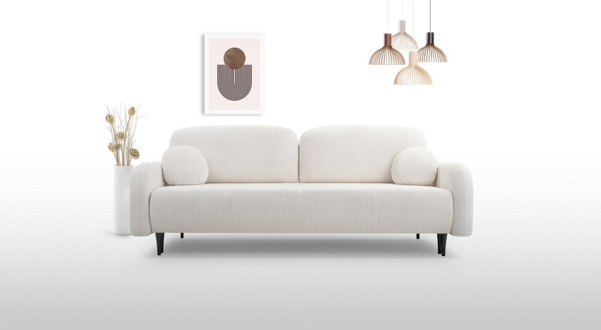 BETTSOFA VIVO Creme Geflochtener Stoff mit Schlaffunktion - Creme, Holz (230/95/102cm) - MASSENO