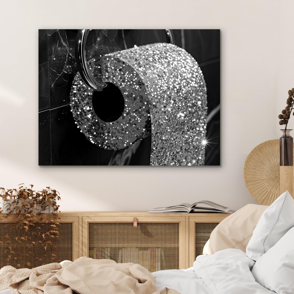 METALLBILD WC - Toilettenpapier - Schwarz und weiß - Glitter 80x60 cm - Silberfarben, Metall (80/60cm) - MuchoWow