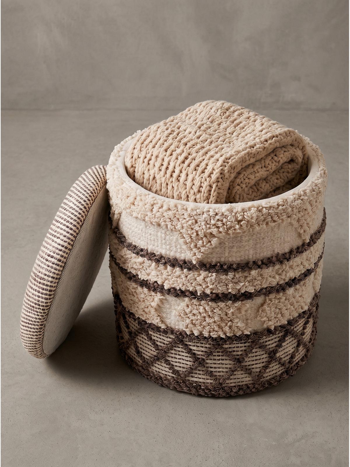 SITZHOCKER RHONE, Stoff, mit Textilbezug, mit Rauten, Beige-Braun, Ø 40 x 45 cm - Beige, Textil (40/45/40cm) - KADIMA DESIGN