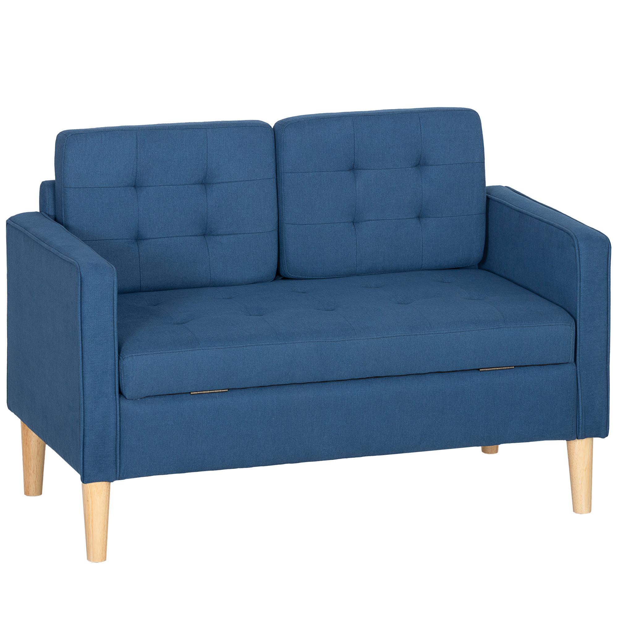 2 Sitzer Sofa, Couch mit Stauraum, Holzbeine, Gepolsterter Polstersofa, Blau - Blau/Eukalyptusholzfarben, Holz/Textil (62/78/117cm) - HOMCOM