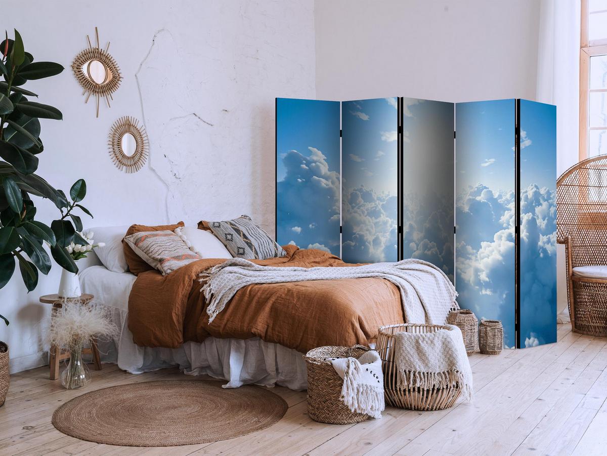PARAVENT Akustik 5-tlg 225x172 cm Sonne Himmel und Wolken - Blau, Holz/Textil (225/172/3cm) - Muralo