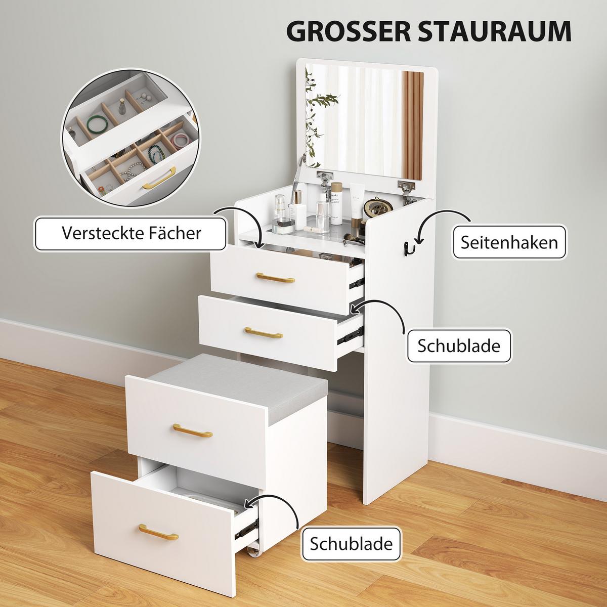 3 in 1 Schminktisch mit Hocker, Kosmetiktisch mit Spiegel, 3 Schubladen - Beige/Weiß, Holzwerkstoff/Textil (40/90/48cm) - HOMCOM
